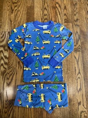 Hanna Andersson blue with Christmas trees and construction trucks pajama set.